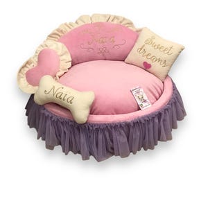 Baby pink and lavender princess bed Personalized dog bed with tulle skirt Designer pet bed Cat bed Medium or small dog bed Pink puppy bed