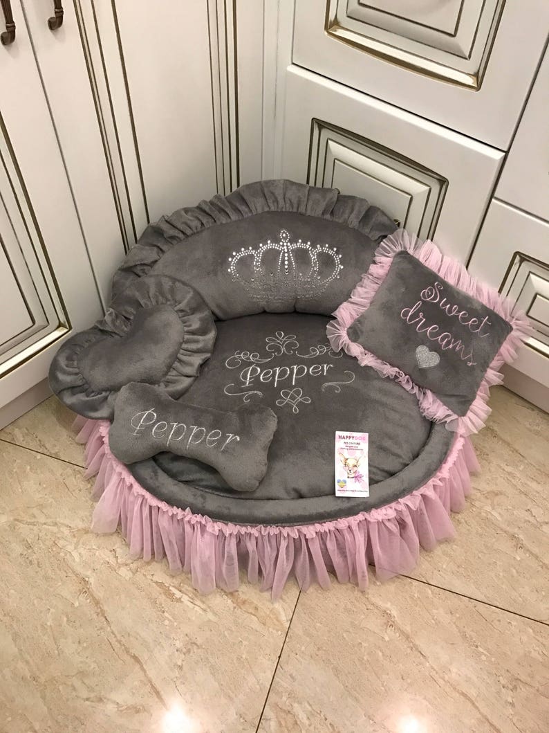 Gray and Baby Pink Princess Dog Bed With Crown Sparkles Etsy