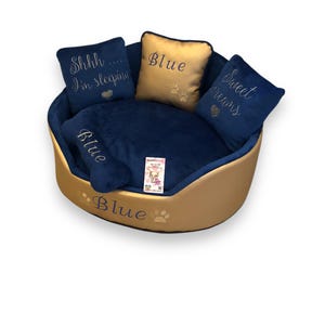 Golden and royal blue luxury dog bed Faux leather and navy pet bed Designer pet bed Cat bed Custom made dog bed Personalized bed Dog house