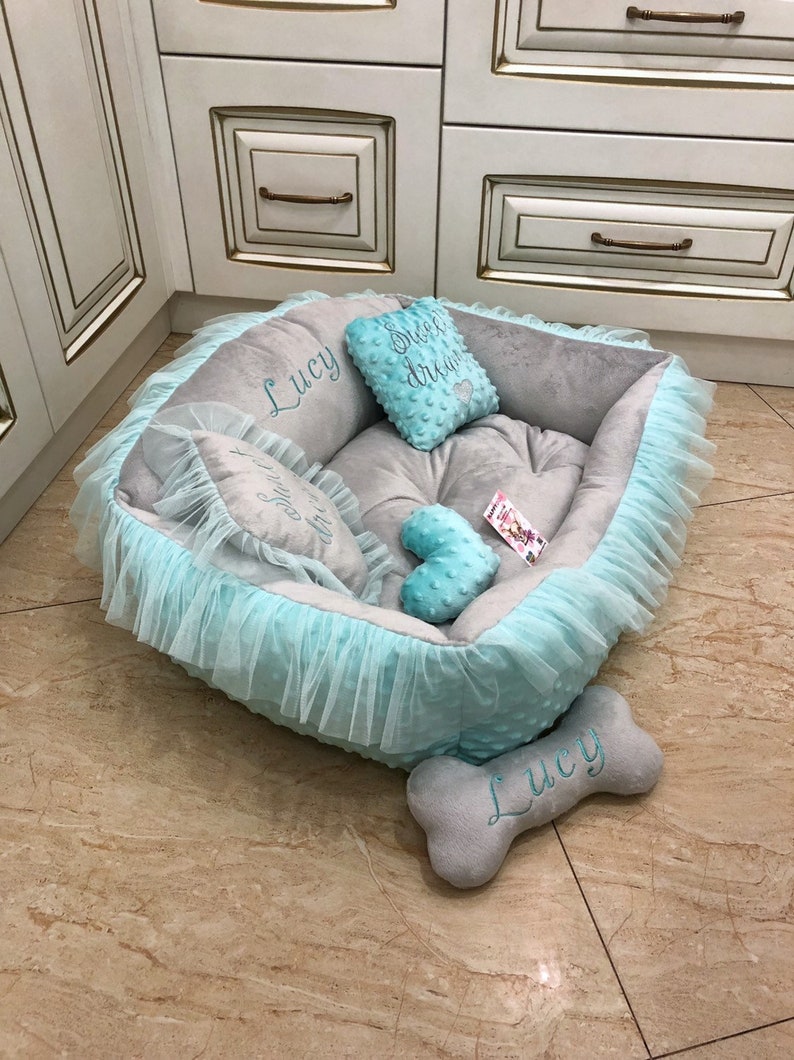 Mint & Gray Minky Fur Pet Bed: Luxury Dog Bed With Pillows - Etsy