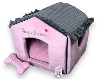 Baby pink and gray minky fur designer dog house Personalized dog bed Custom  made dog house Princess dog bed Cat house Personalized puppy bed