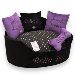 Purple Polka Dot Dog Bed: Custom Designer Pet Bed with Pillows
