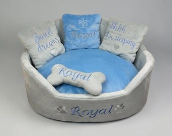 Blue & Gray Personalized Dog Bed: Minky Fur Pet Bed with Pillows