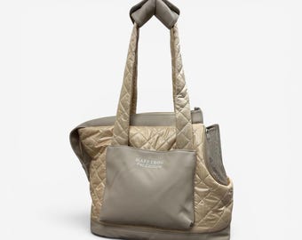 Personalized Beige Waterproof Dog Carrier - Custom Small Dog Bag with Faux Leather & Mesh Window