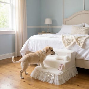 Cream Minky Fur Dog Steps: Personalized Pet Stairs