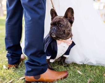 Navy blue dog tuxedo with blush bow tie Dog wedding attire Formal dog suit Swallow-tailed dog coat Birthday dog costume Custom dog tux