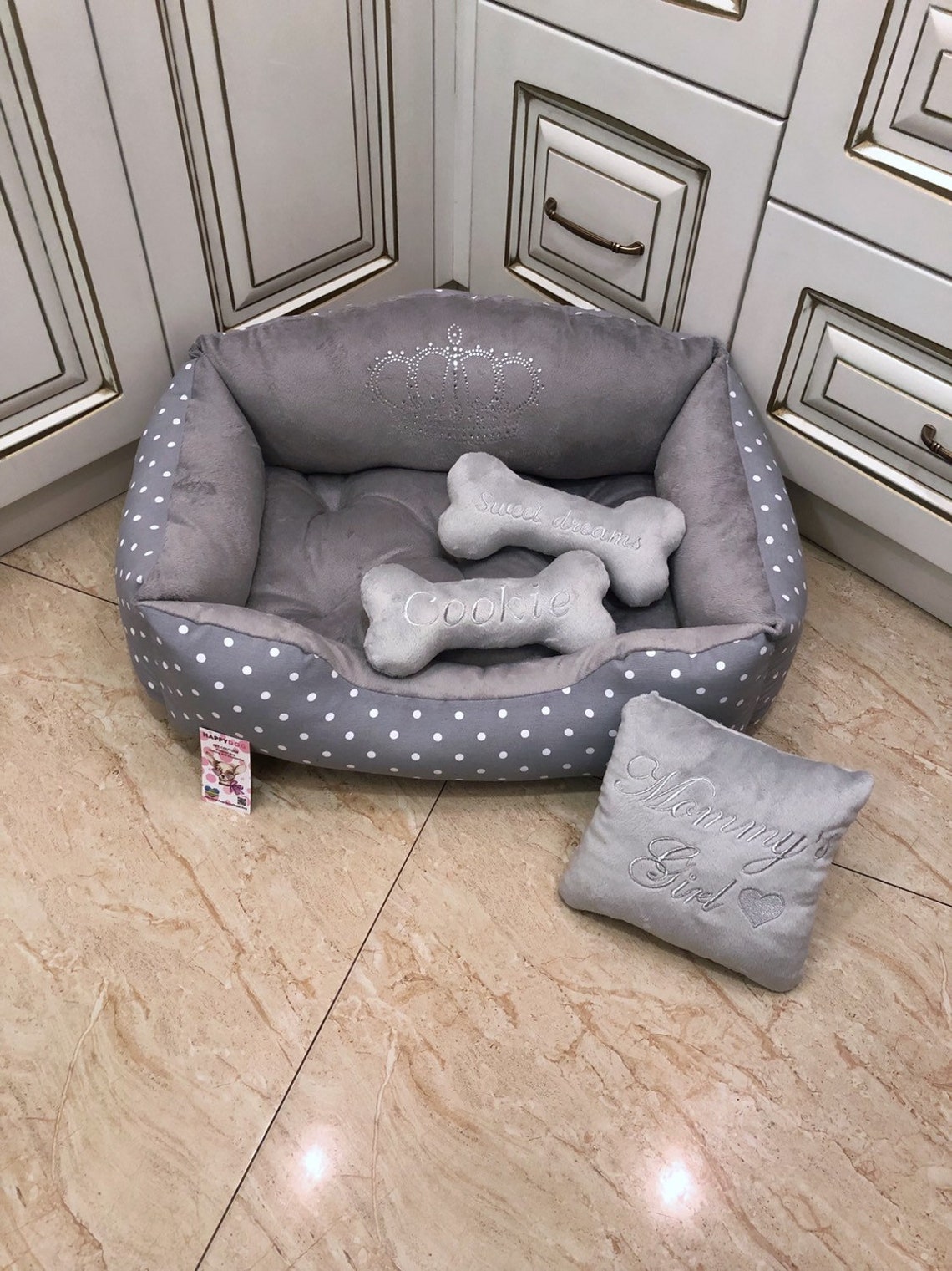 Gray Polka Dot Dog Bed Personalized Dog Bed Birthday Dog Bed Etsy