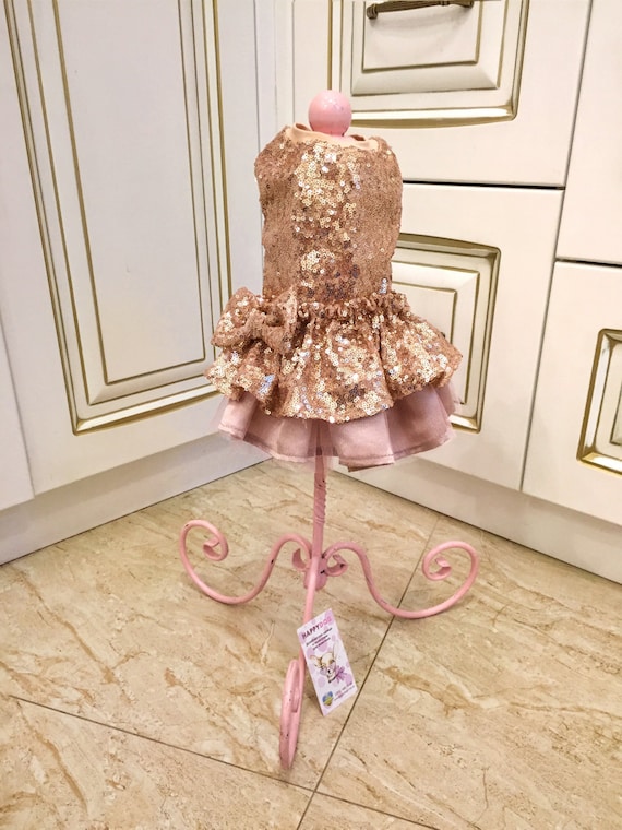 Luxury Gold Sequin Dog Dress: Custom Tulle Gown, Designer Wedding Outfit
