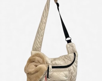 Beige Waterproof Dog Sling Carrier: Cozy Minky Fur, Handmade Pet Bag