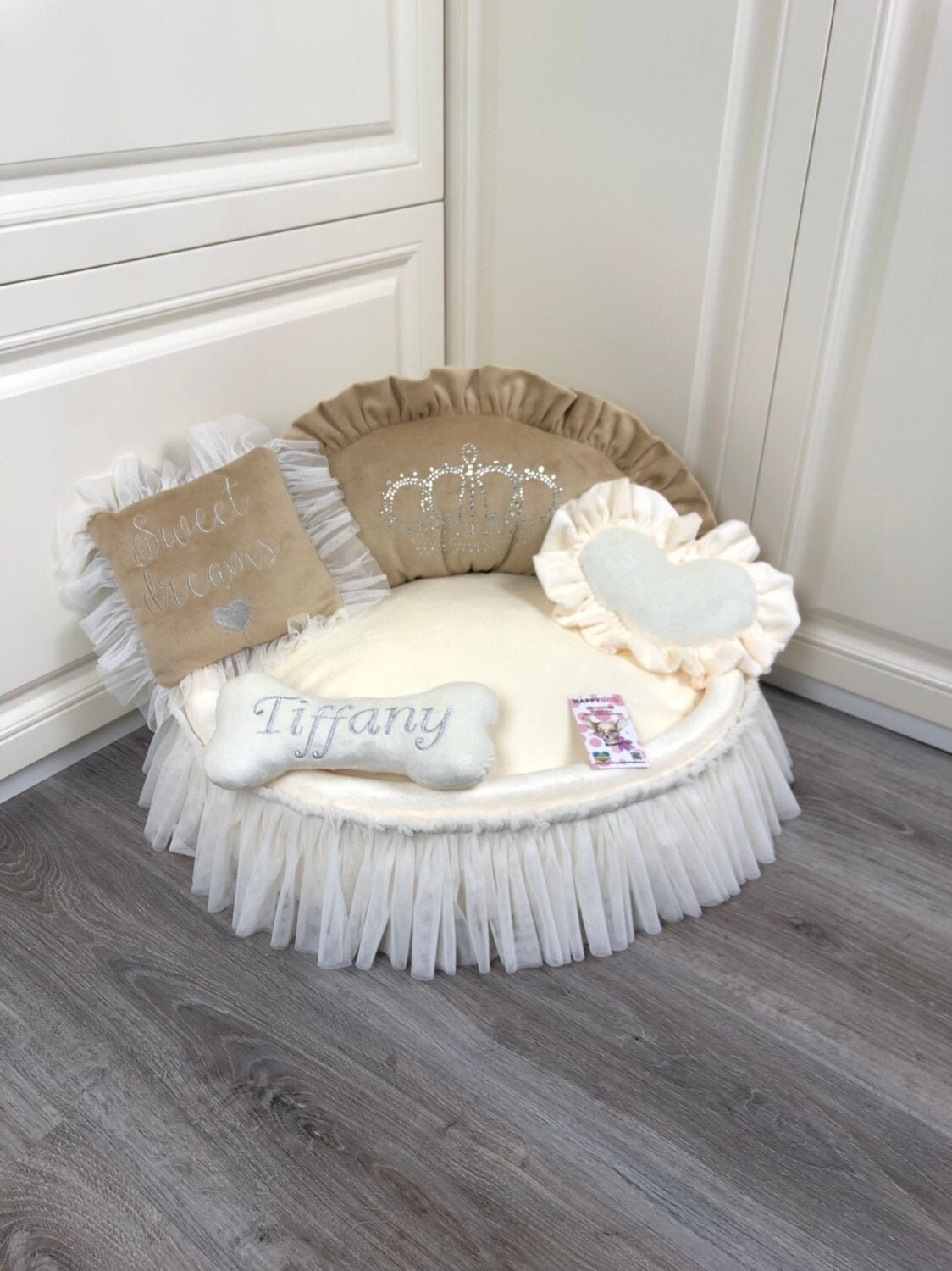 Cream and beige princess dog bed with crown sparkles Beige bed Etsy
