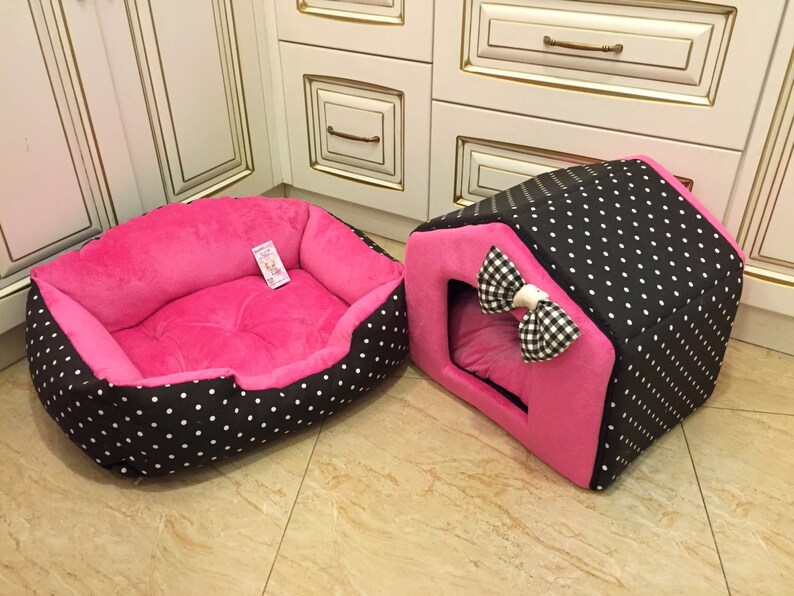 Pink and Black Polka Dot Dog House Personalized Puppy Bed Etsy