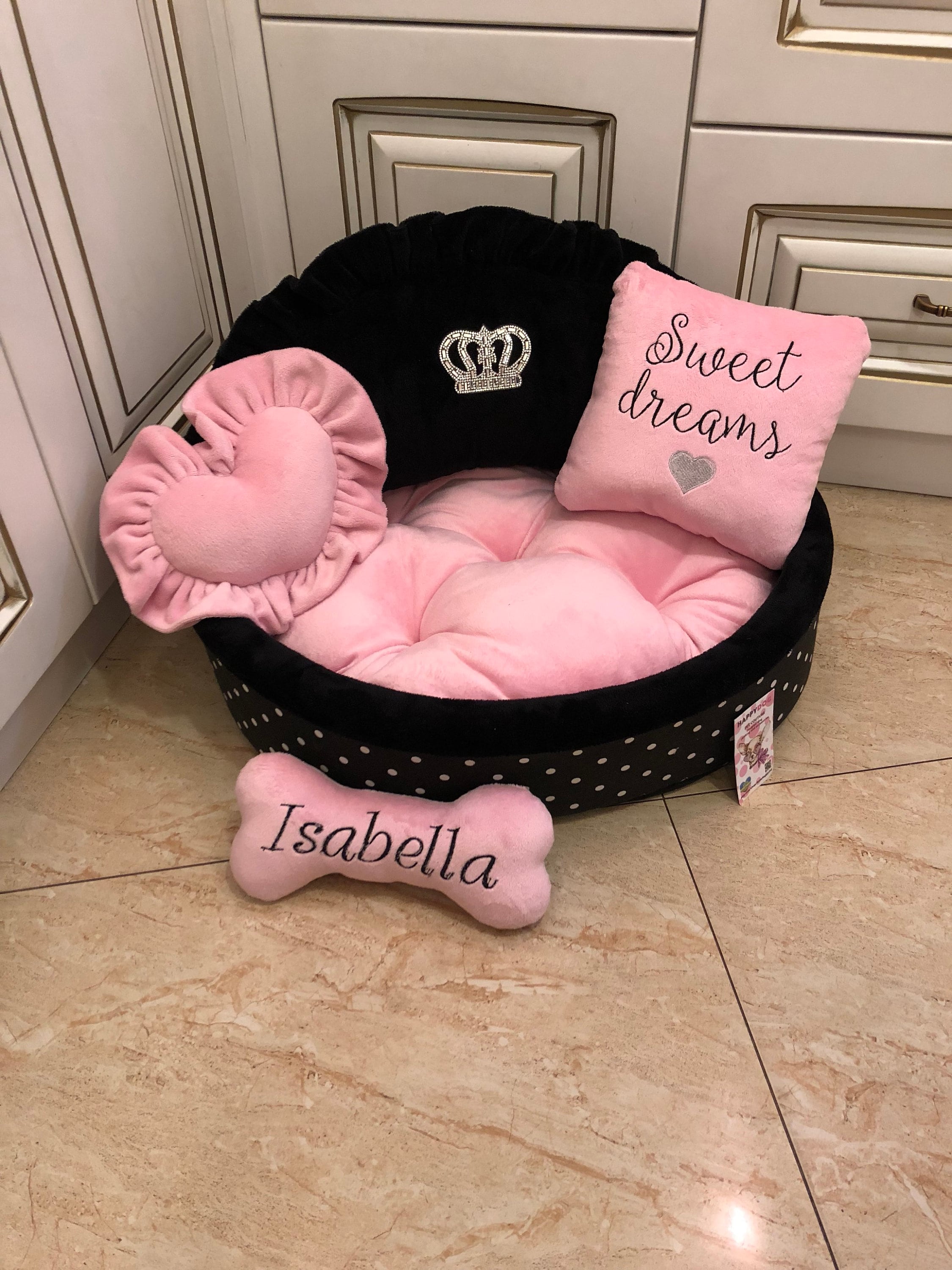 Baby Pink and Black Polka Dot Princess Dog Bed Personalized Etsy