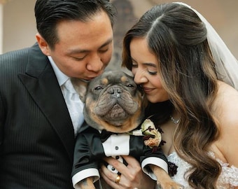 Esmoquin de lujo de satén negro para perros • Traje de boda personalizado para bulldog francés, perros pequeños, medianos y grandes.