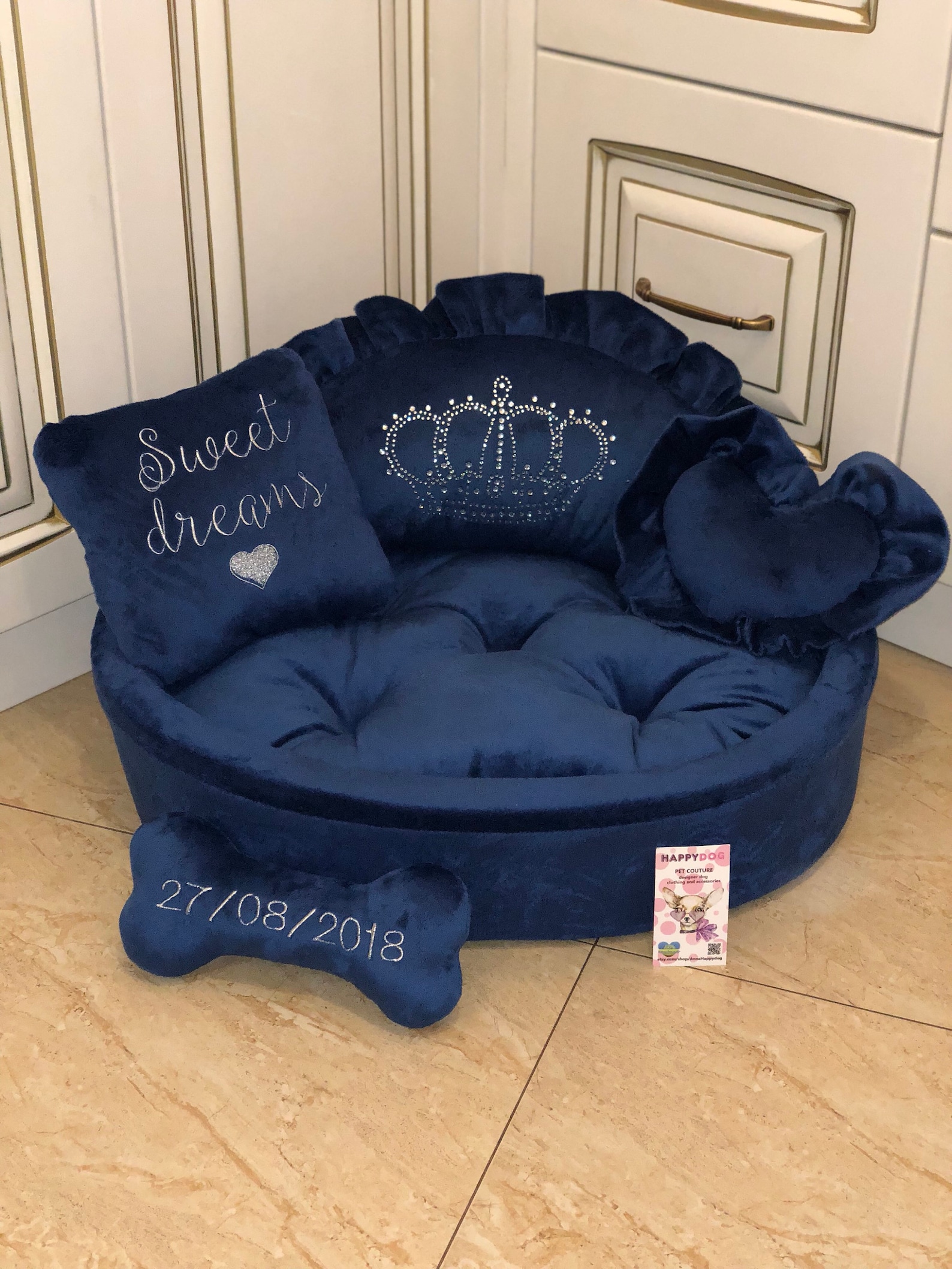 Navy Blue Designer Dog Bed Prince Dog Bed Princess Go Bed Personalized