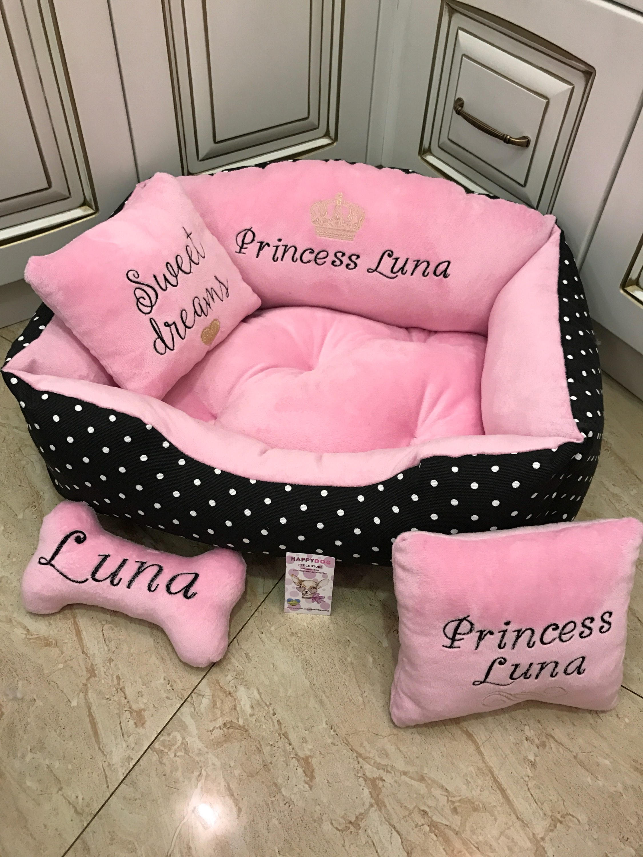 Pink and black polka dot designer dog bed Princess dog bed Etsy