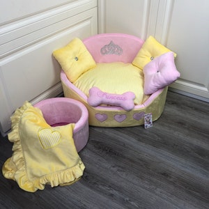 Yellow and baby pink luxury dog bed Custom made dog bed Personalized dog bed Luxury personalized pet bed Birthday dog gift Dog toy