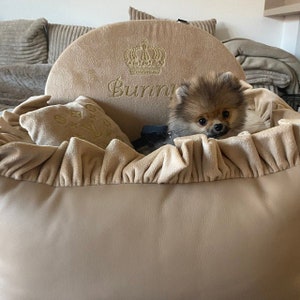 beige veganistisch leren autostoeltje Luxe beige autostoeltje Designer hondenautostoeltje Luxe hondenbed voor op reis Custom autostoeltje Pommeren