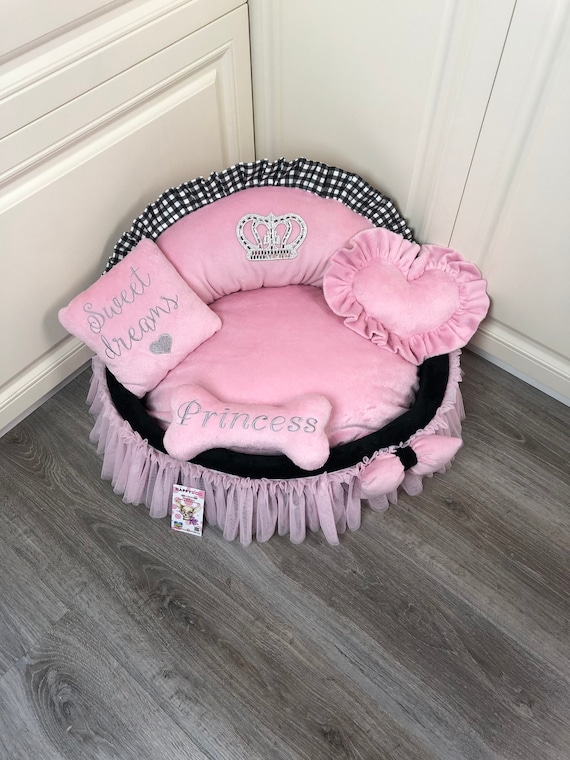 Baby Pink and Black Luxury Dog Bed With Crown Sparkles and 