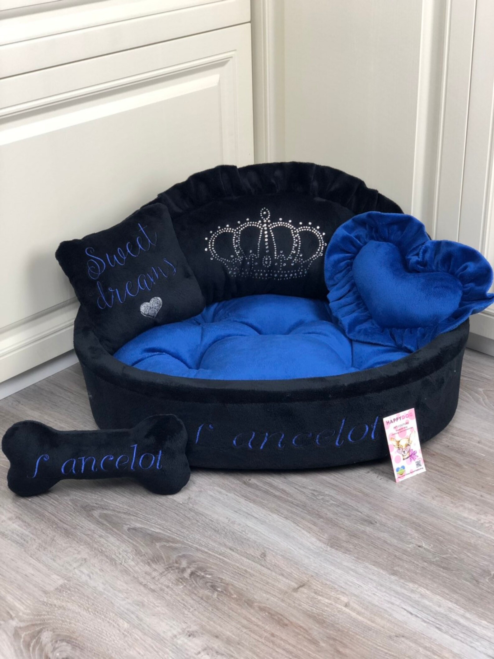 Navy Blue and Black Personalized Dog Bed With Crown Sparkles Etsy