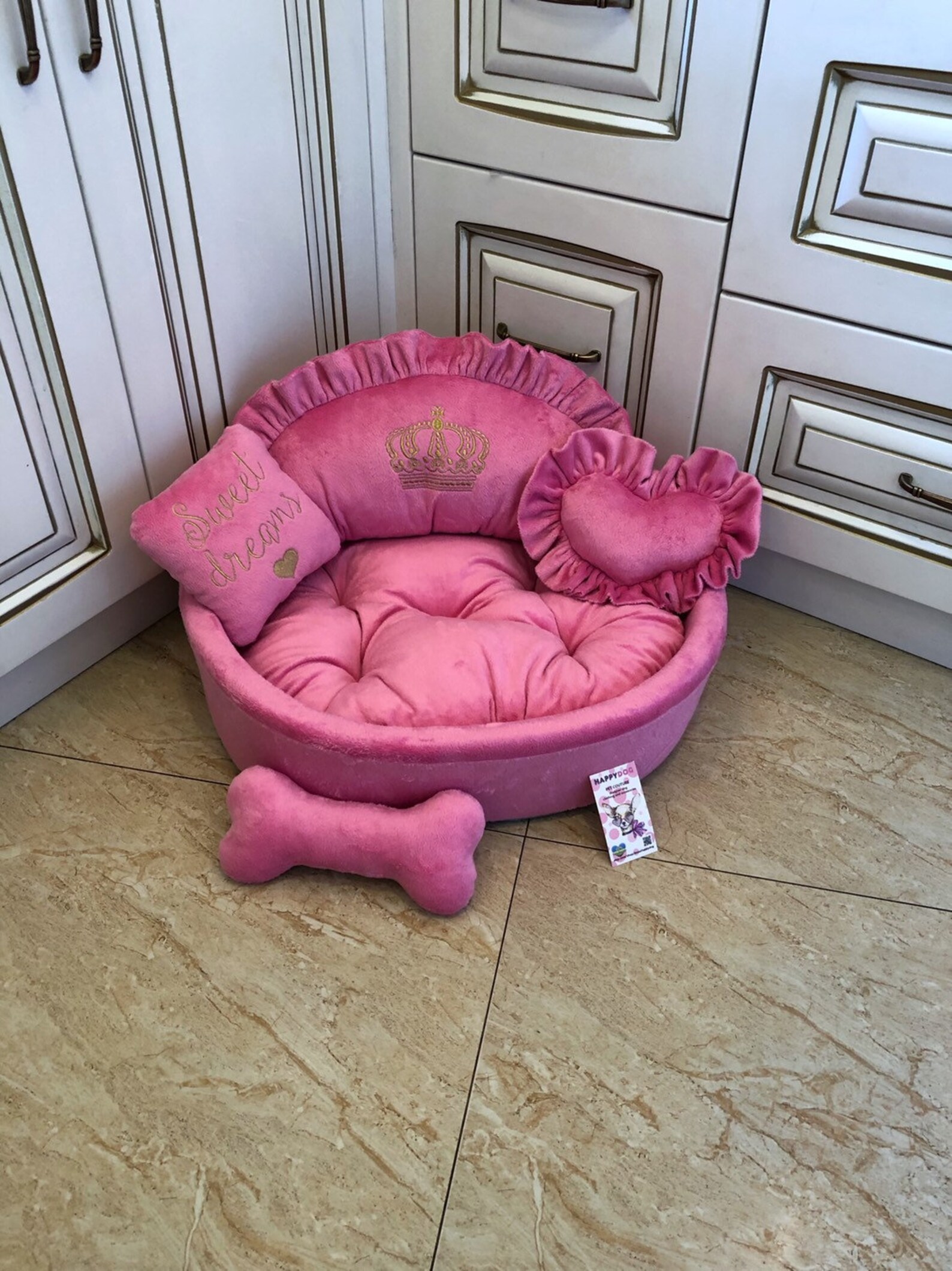 Pink princess dog bed with golden embroidery Designer pet bed Etsy
