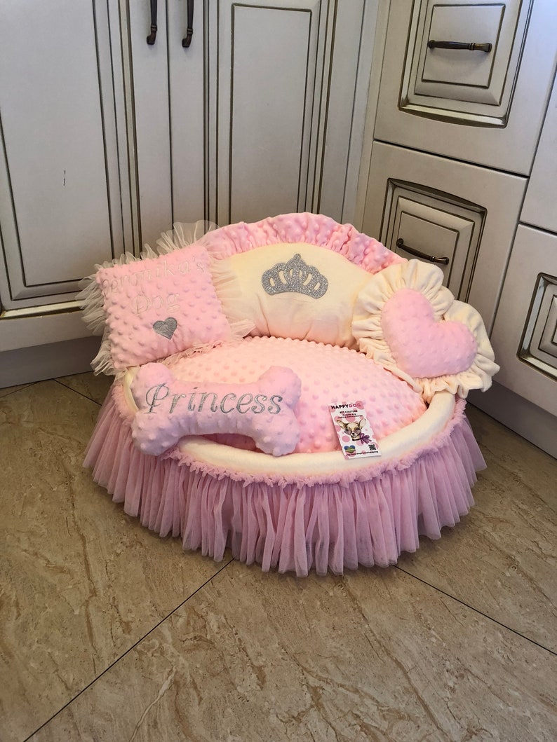 Baby pink and cream princess dog bed with crown sparkles Puppy bed for princess dog Designer pet Cat bed Medium or small Personalized bed image 6