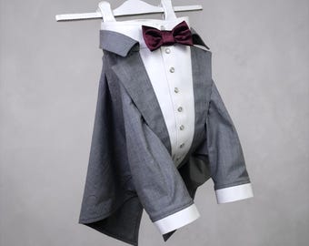 Gray Dog Tuxedo: Burgundy Bow Tie, Formal Dog Suit