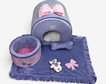 Lavender Minky Fur Dog House: Luxury Puppy Bed with Bow