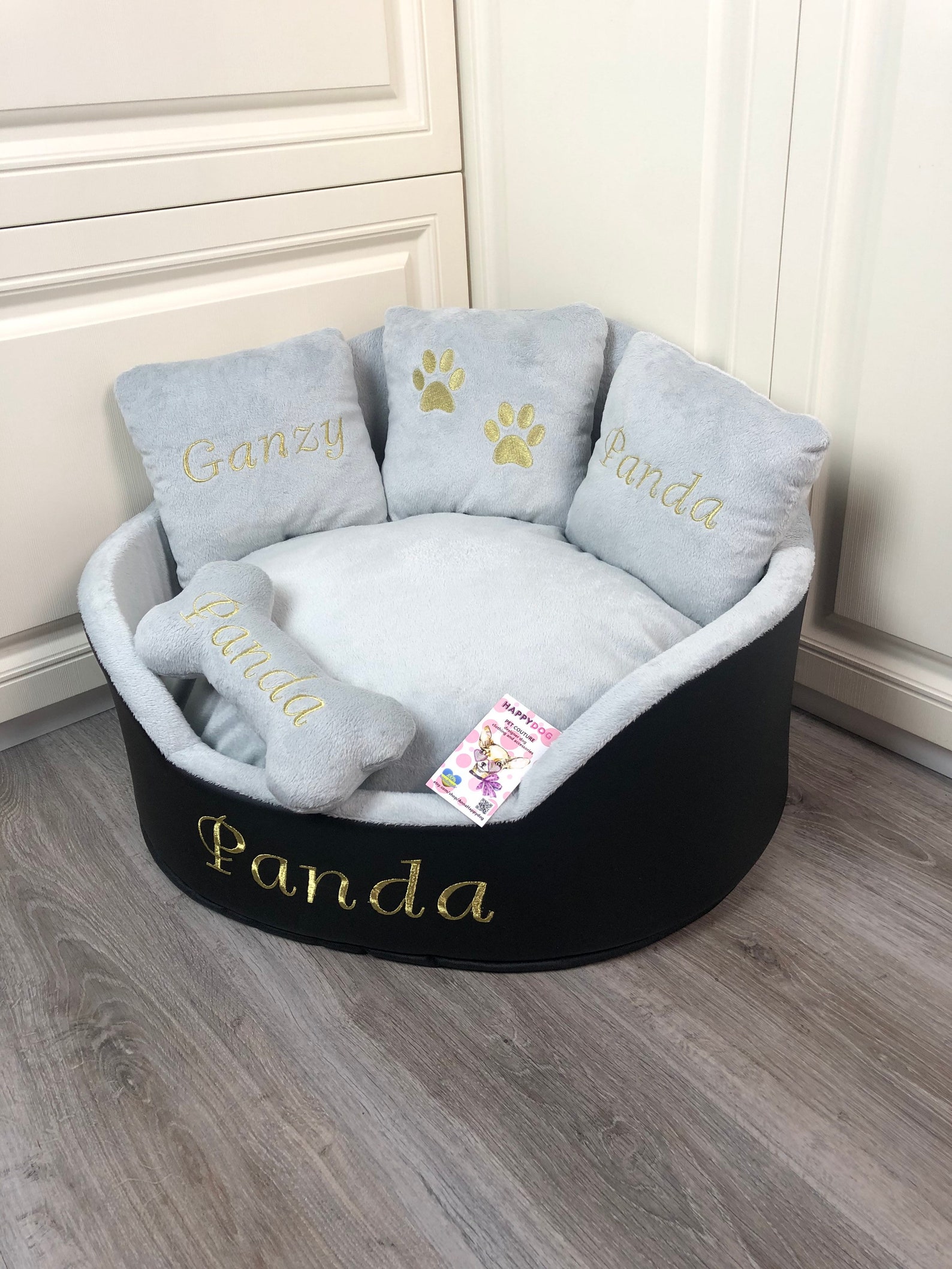 Black and Gray With Golden Personalized Dog Bed Faux Leather Etsy