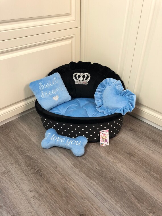 Black polka dot an light blue luxury dog bed Personalized Etsy