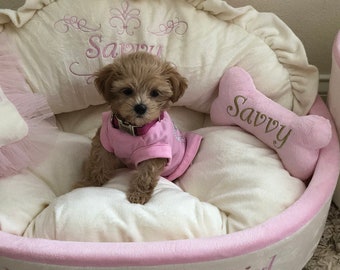 Luxury personalized dog bed in pink and cream with crown sparkles Puppy bed for princess dog Designer pet Personalized bed for dog Puppy bed