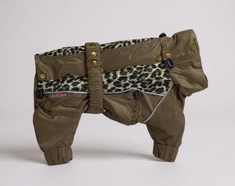 Chocolate Brown Waterproof Dog Raincoat with Leopard Print Accents – Stylish and Protective