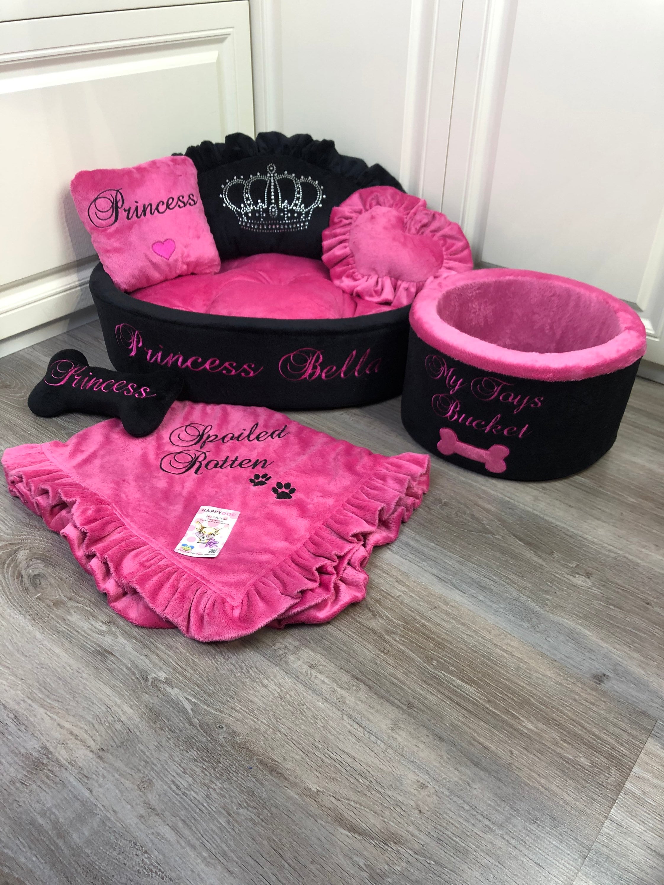 Black and Hot Pink Princess Dog Bed With Crown Sparkles 