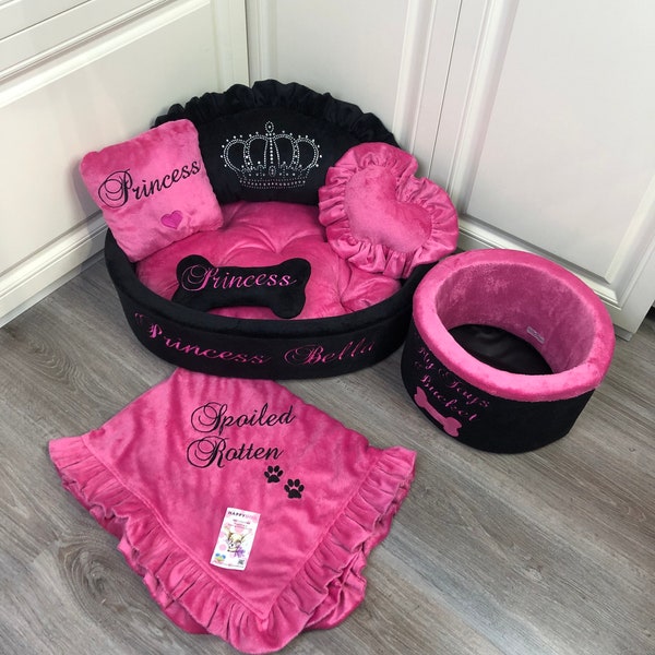 Black and hot pink princess dog bed with crown sparkles Designer pet bed Cat bed Personalized dog bed Custom made bed Birthday dog present