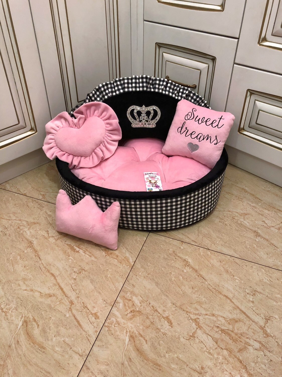 Baby Pink and Black and White Tartan Princess Dog Bed 