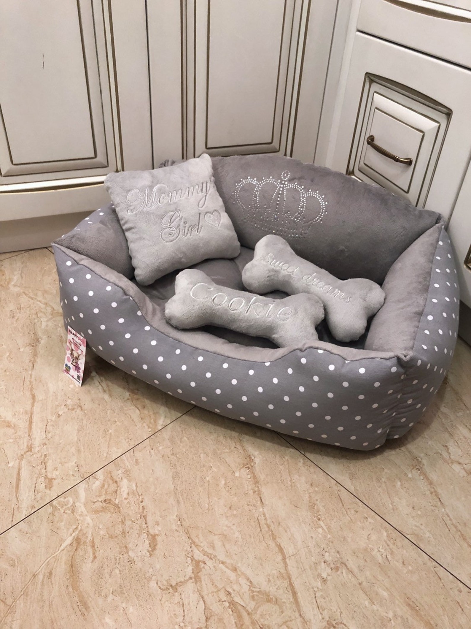 Gray Polka Dot Dog Bed Personalized Dog Bed Birthday Dog Bed Etsy
