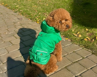 Bright Green Warm Dog Vest with Hood, Reflective Details, and Harness Opening