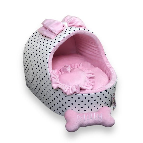 水玉模様の犬用クレードル：ピンクの子犬用ベッド、デザイナーペット