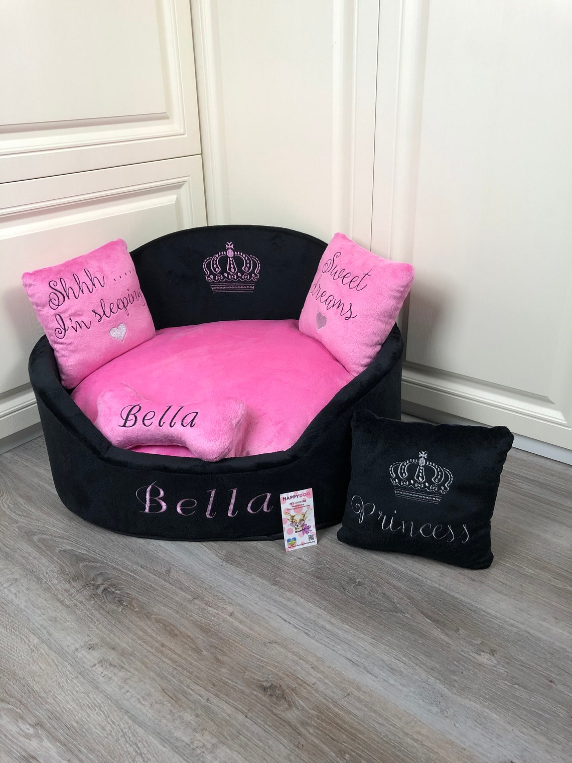 Black and pink princess dog bed Designer pet bed with crown Etsy