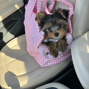 Bebé rosa y crema a cuadros portador de perros Yorkshire bolsa de perro Cachorro bolsa rosa Cumpleaños portador de perros Bolsa de perro de verano