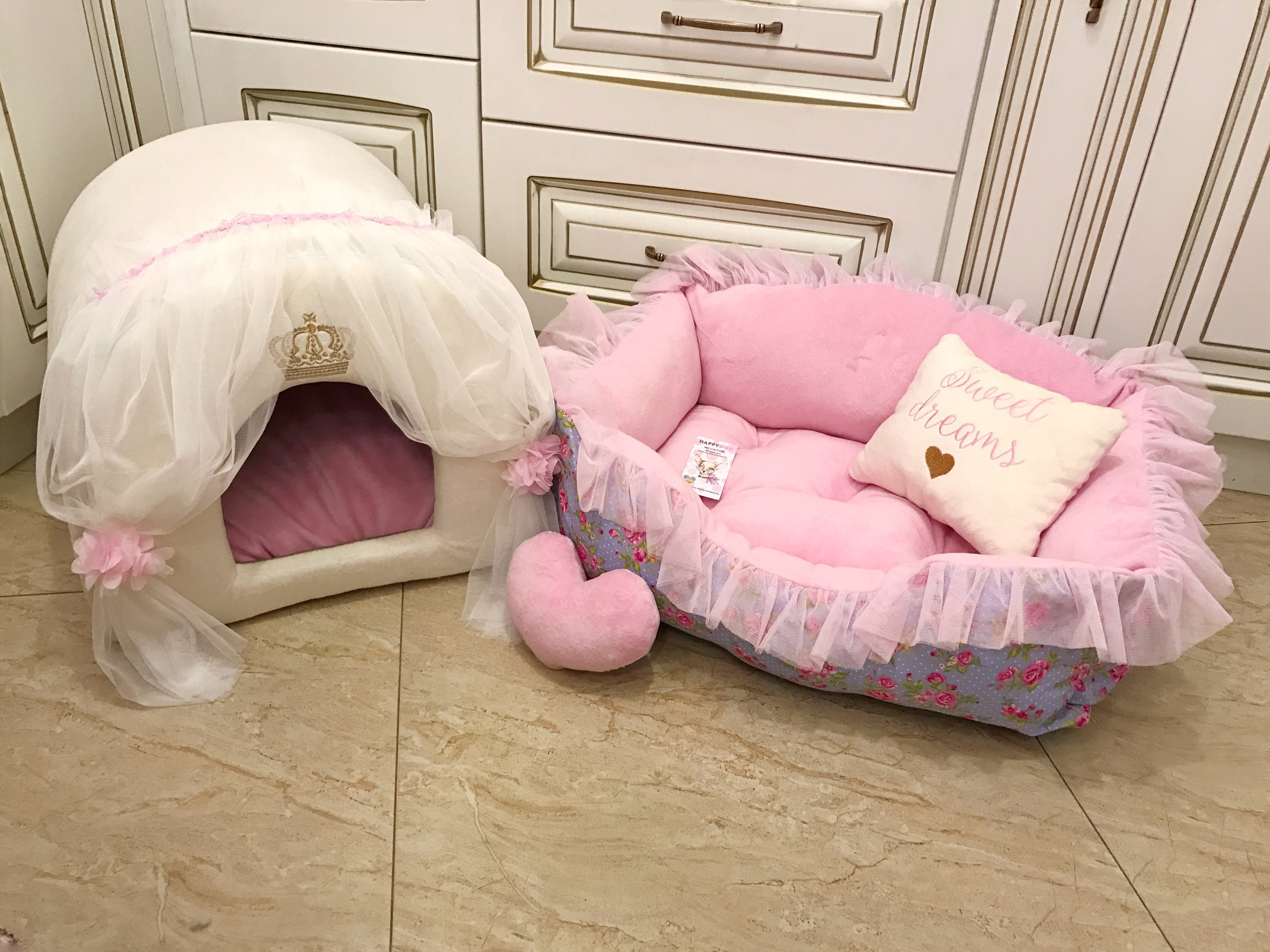 Pink and ivory set of dog house and bed Flower pet bed Etsy