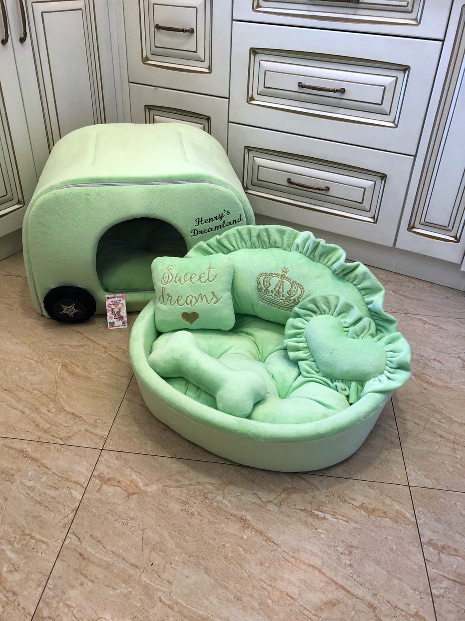 Light green designer dog bed Princess dog bed Personalized dog Etsy