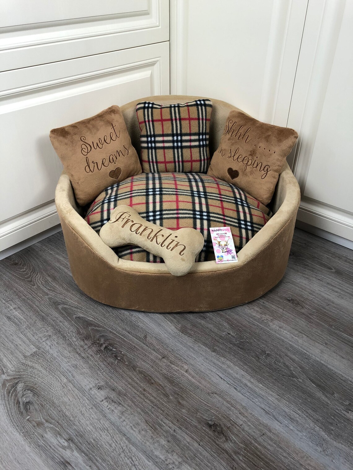 Personalized brown tartan dog bed Designer pet bed Cat bed Etsy