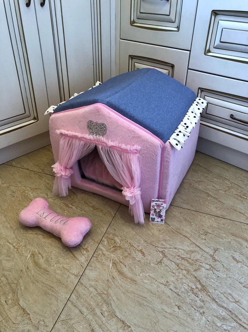 Blue and baby pink designer dog house Personalized dog bed Etsy