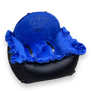 Luxe zwart-blauw gepersonaliseerd hondenautostoeltje – design reisbed voor kleine honden