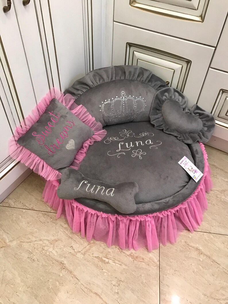 Gray Princess Pet Bed With Crown Sparkles and Bright Pink Etsy
