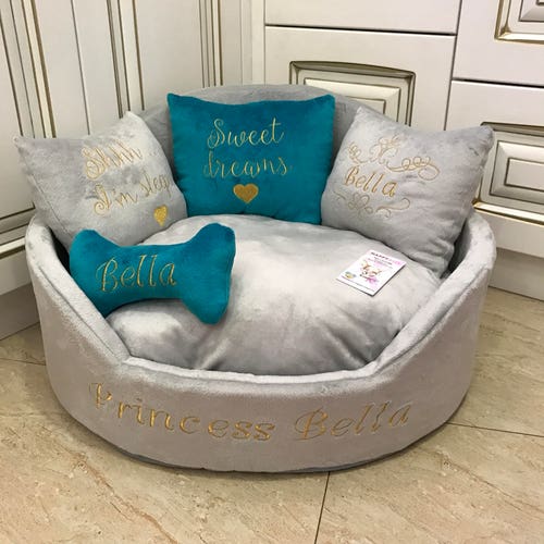 Light Gray and Teal Luxury Dog Bed Gray Bed for Dog Designer Etsy