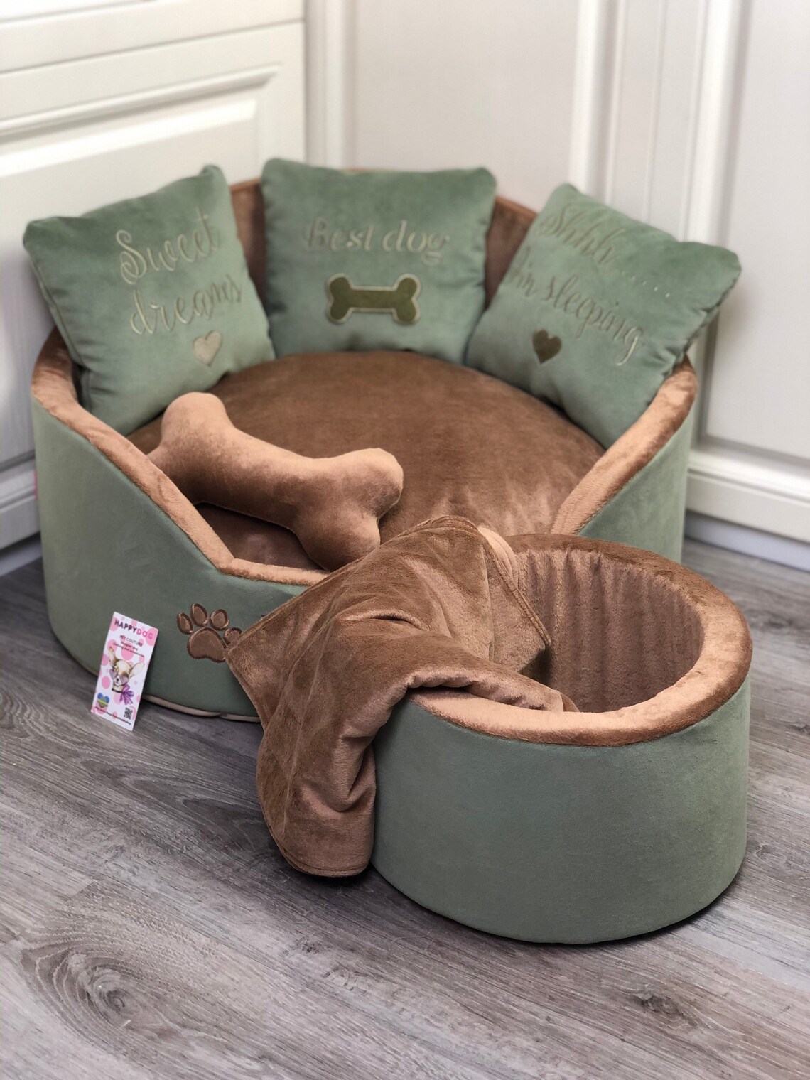 Sage green and brown luxury dog bed Designer pet bed Cat bed Etsy