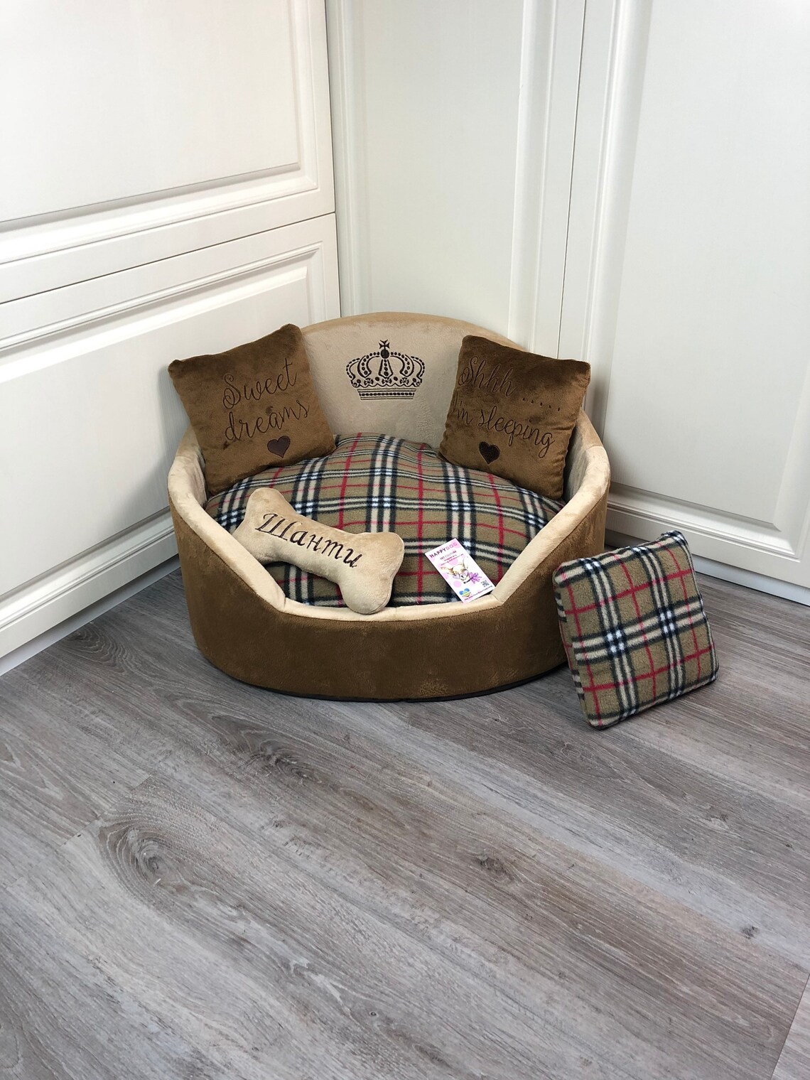 Luxury brown and beige tartan dog bed Designer pet bed Cat Etsy