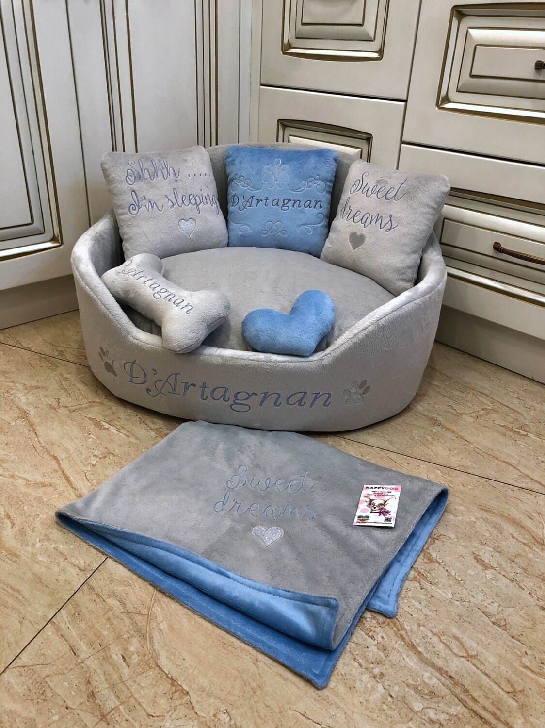 light blue dog bed