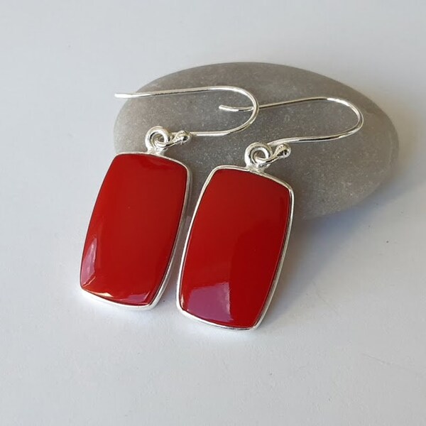 Red coral  earrings, 92.5 sterling silver, boho, rectangular shape, light weight, ear hook option